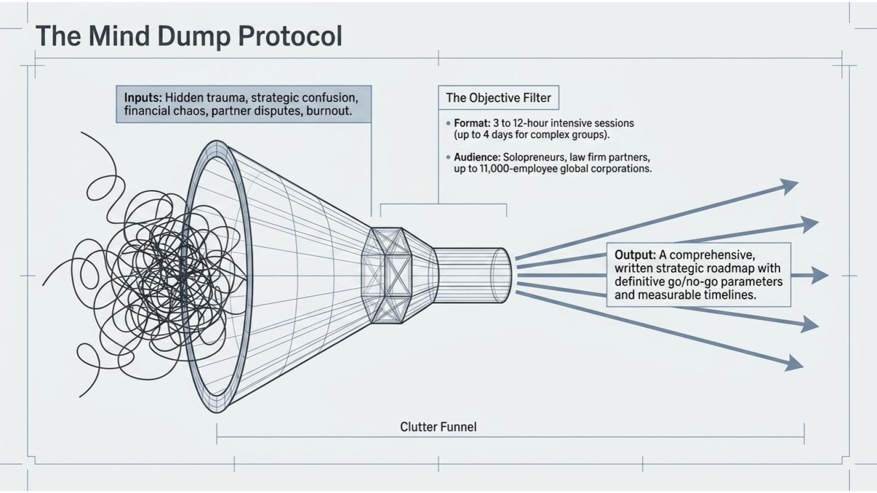 The Mind Dump Protocol — Clutter Funnel: inputs of hidden trauma, strategic confusion, and financial chaos filtered into a comprehensive strategic roadmap